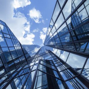 Clouds reflected in modern office buildings, Frankfurt, Germany