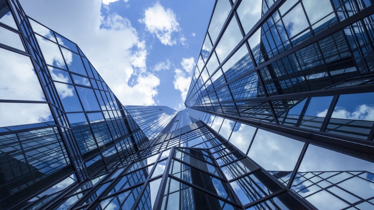 Clouds reflected in modern office buildings, Frankfurt, Germany