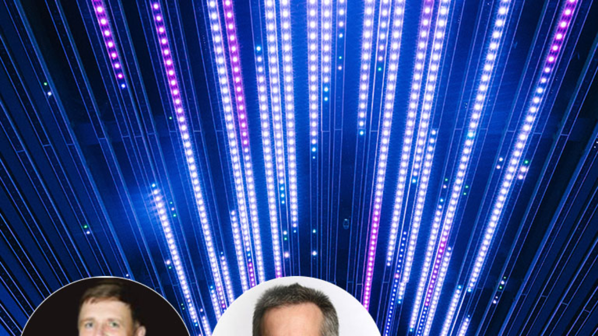 Dr. Les Dlabay and Dr. Brad Kleindl headshots on Room full of speed of lights blue, purple and black background