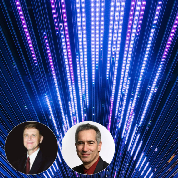 Dr. Les Dlabay and Dr. Brad Kleindl headshots on Room full of speed of lights blue, purple and black background