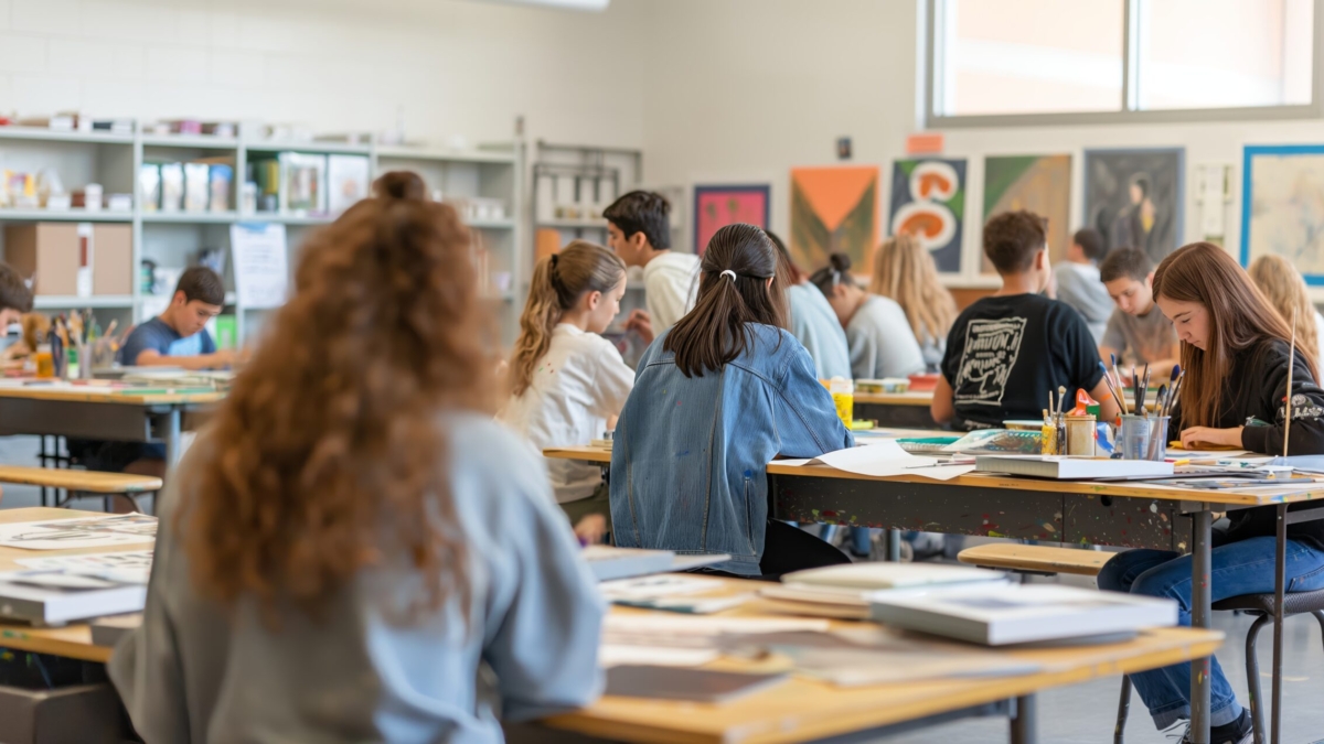 A high school art classroom full of teenage students working on their art projects, the room is alive with creativity as they paint and draw in a well-lit space with modern décor.