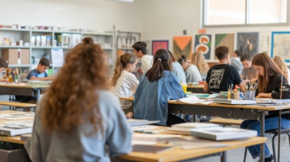 A high school art classroom full of teenage students working on their art projects, the room is alive with creativity as they paint and draw in a well-lit space with modern décor.