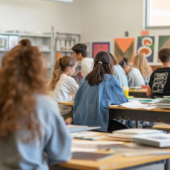 A high school art classroom full of teenage students working on their art projects, the room is alive with creativity as they paint and draw in a well-lit space with modern décor.