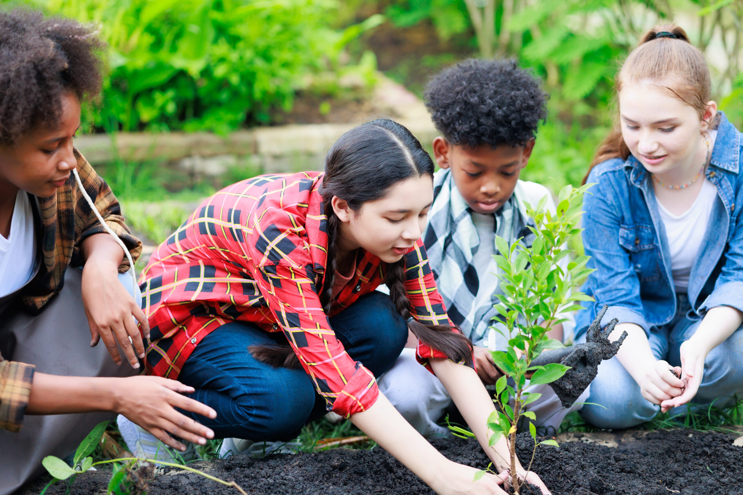 teenage boy and girls Learn to grow vegetables.