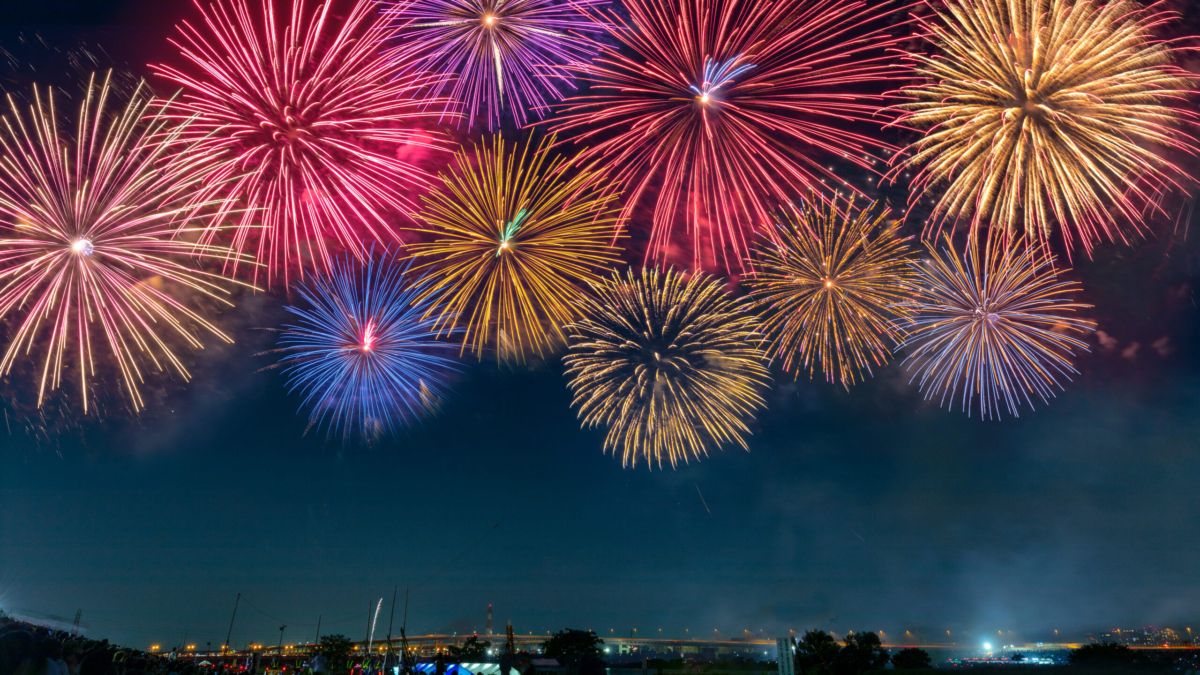 Colorful display of fireworks above  the Arakawa River near Kita-Senju in Tokyo, Japan.