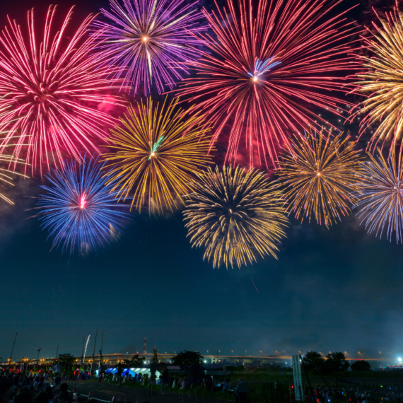 Colorful display of fireworks above  the Arakawa River near Kita-Senju in Tokyo, Japan.