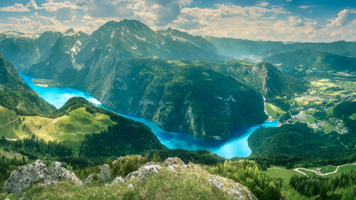 View of the Konigsee lake from Jenner mount in Berchtesgaden National Park, Upper Bavarian Alps, Germany, Europe. Beauty of nature concept background.