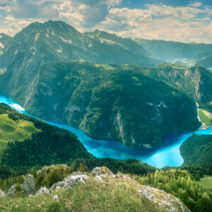 View of the Konigsee lake from Jenner mount in Berchtesgaden National Park, Upper Bavarian Alps, Germany, Europe. Beauty of nature concept background.