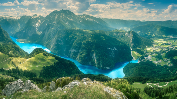 View of the Konigsee lake from Jenner mount in Berchtesgaden National Park, Upper Bavarian Alps, Germany, Europe. Beauty of nature concept background.